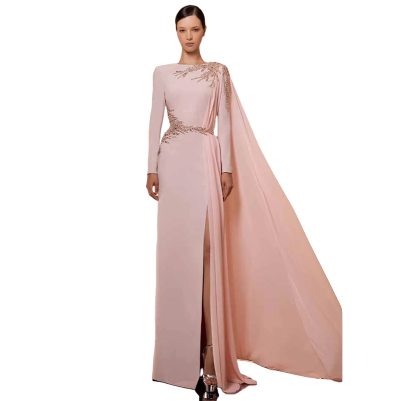 Elegant Pink Evening Dresses Long Sleeve Floor Length Satin Prom Occasion Gown Side Slit Formal DRess For Women