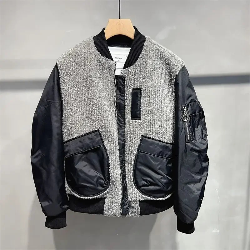 Jacket Mens Winter Thickened Lamb Velvet Stitching Baseball Uniform Loose Pilot Jackets Zipper Long Sleeves Pockets Tops 250809