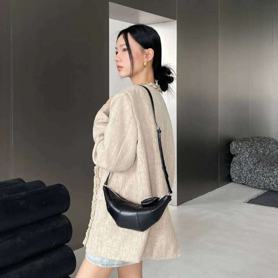 New Fashion Designer Croissant Flap Coffee Black Real Sheepskin Leather Women Crossbody High-end Female Shoulder Bag