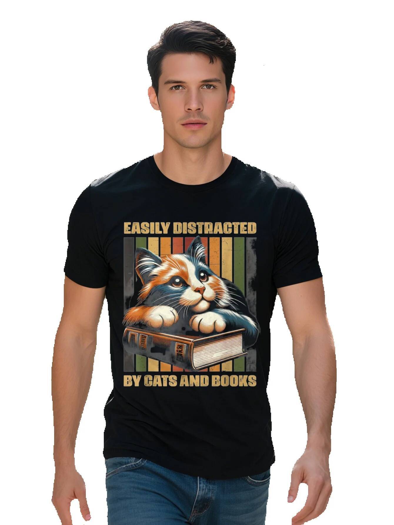 Men s Vintage Style Cotton T Shirt Easily Distracted by Cats and Books Funny Animal Graphic Tee Short Sleeve b33a9 371f9