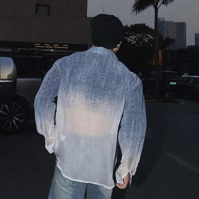 FEWQ Niche Mens Shirts Lapel Denim Single Breasted Long Sleeved Casual Gradient Color Loose Male Pocket Top Chic 24K3470 250811