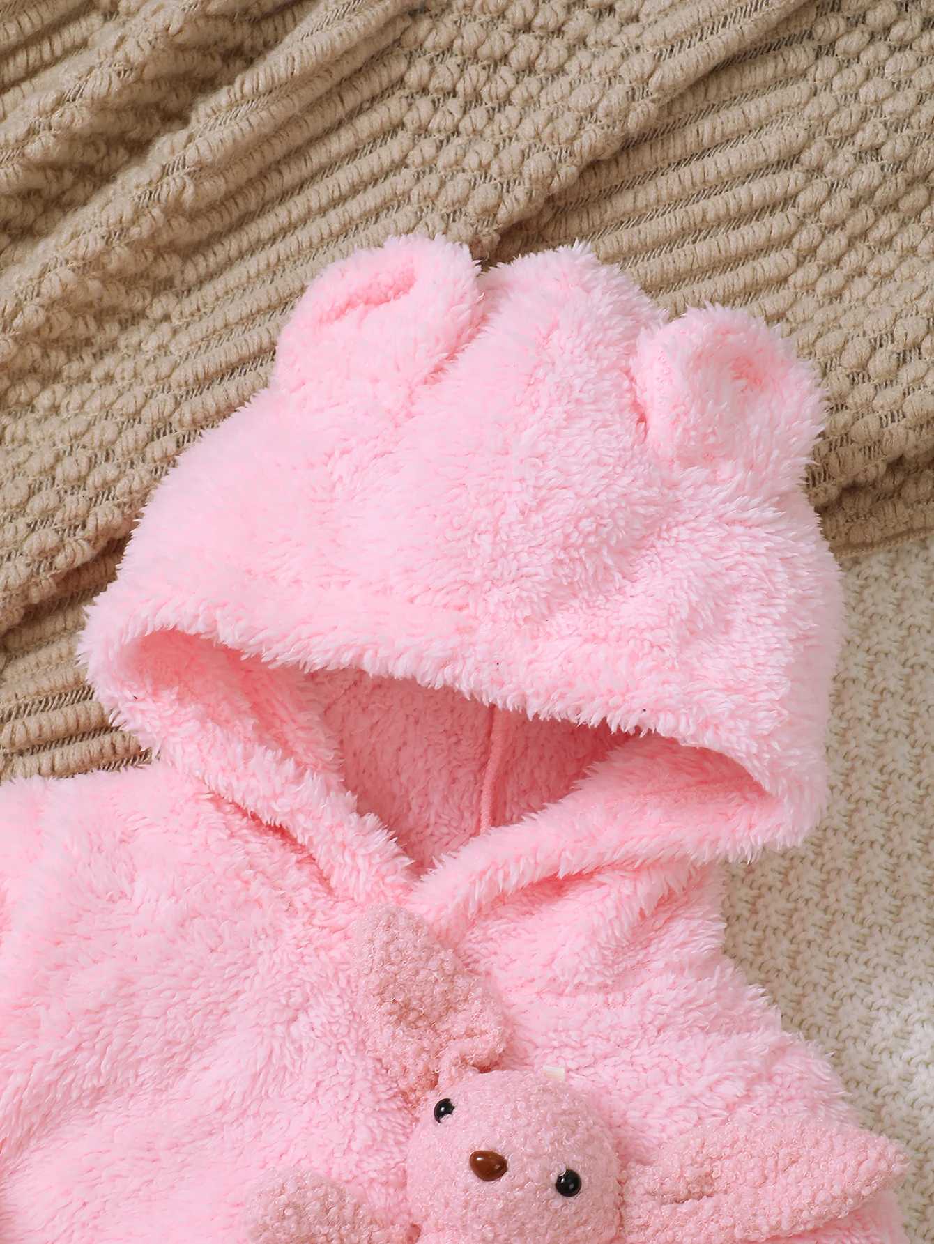 Autumn And Winter Pink Fluffy Set Baby Girls Cute Bunny Figure Hooded Long Sleeve Hoodie Elastic Waist Solid Color Pants Z250811