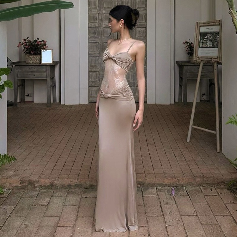 2025 summer new lace up dress, transparent slim fit long dress, twisted and sexy European trend and American style cross-border new designer