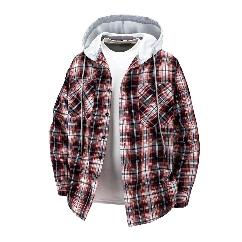 Hooded mens and womens wearable plaid shirts Japanese shirt jackets for spring fall loosefitting longsleeve 250808