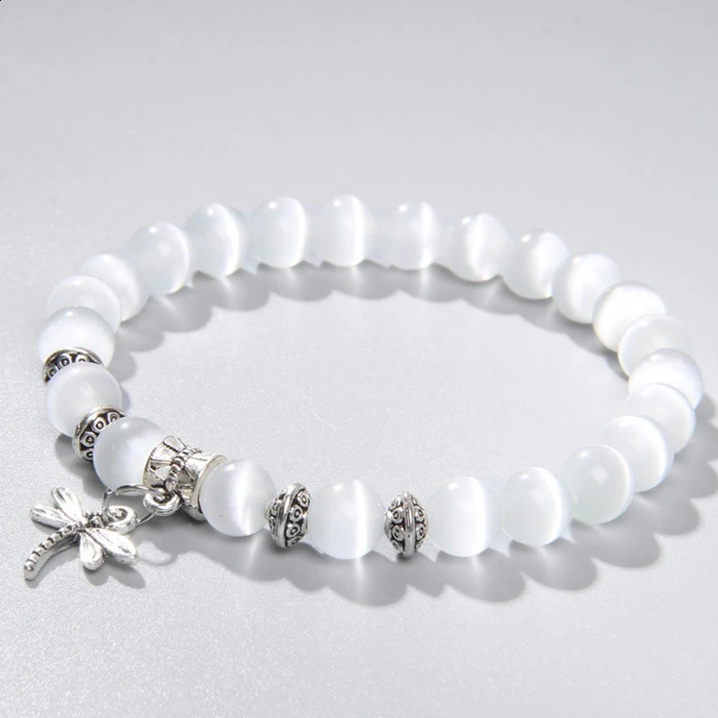 8mm white Cat Eye stone Beads Bracelet with Lucky dragonfly Dog claw butterfly Pendant Charms Strand Bracelets For Women female 250805