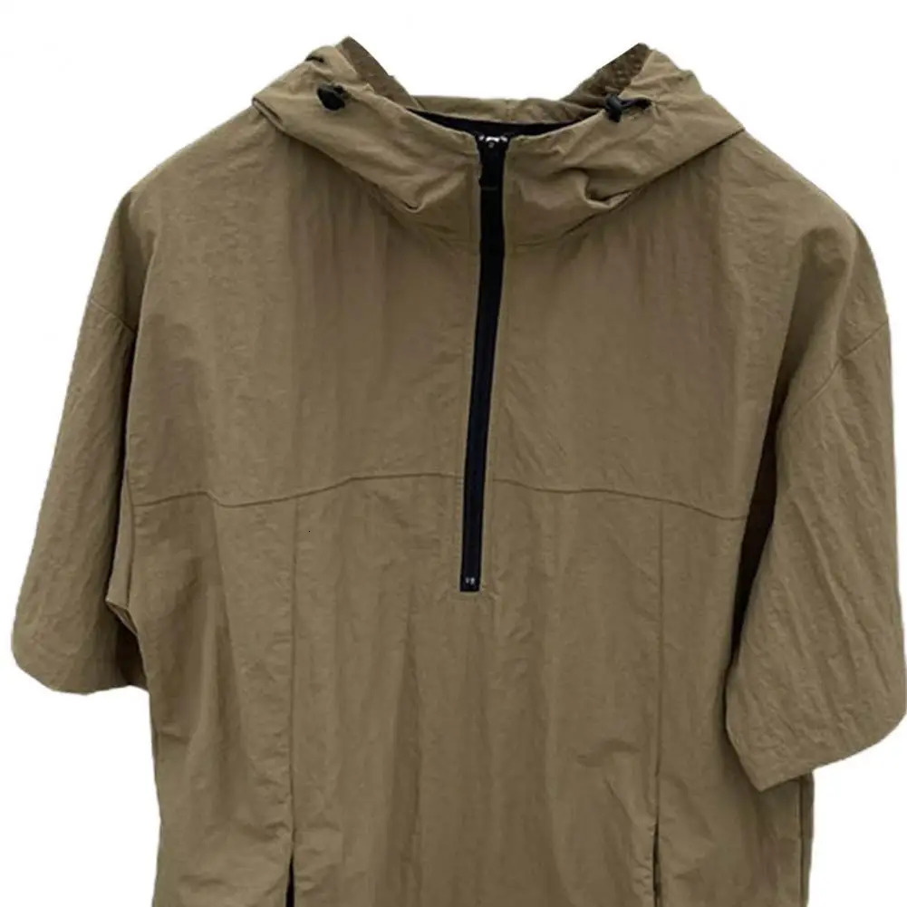 2PcsSet Men Casual Outfit Hooded Short Sleeve T-shirt Zipper Neckline Elastic Waist Wide Leg Shorts Set Loose Fit Outfit 250811