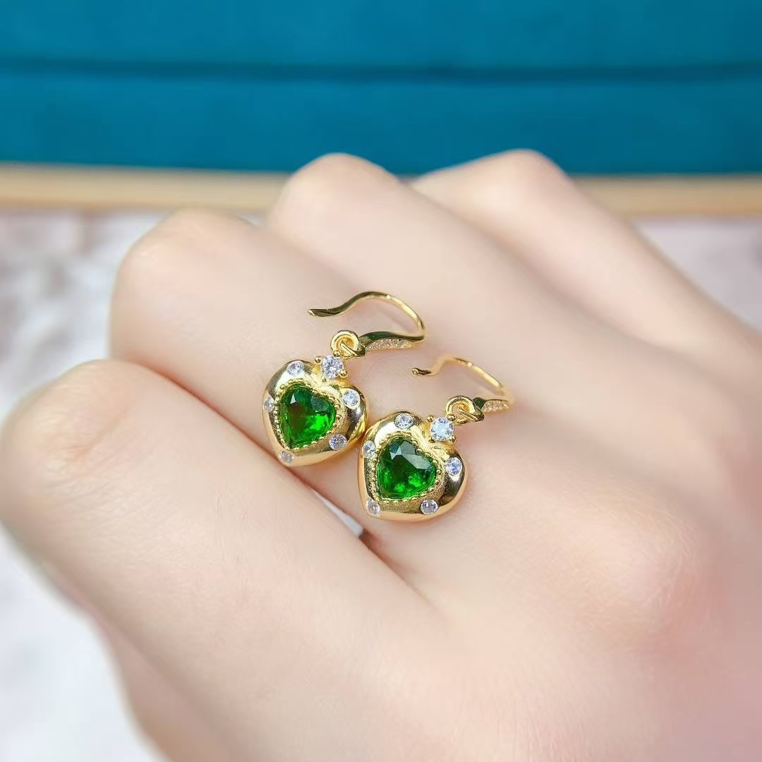 Natural Diopside Drop Earrings 5mm hear shape diopside 925 silver earirngs with 18K gold plating allergy free