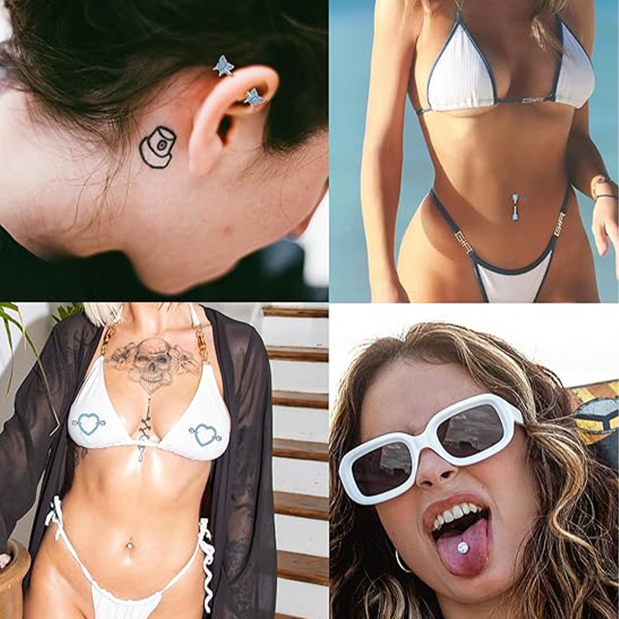 9 Pairs Nipple Rings Stainless Steel Heart Butterfly Moon Flower CZ Barbell Tongue Rings Set Cute Nipplerings Piercing Jewelry for Women Blue Tone