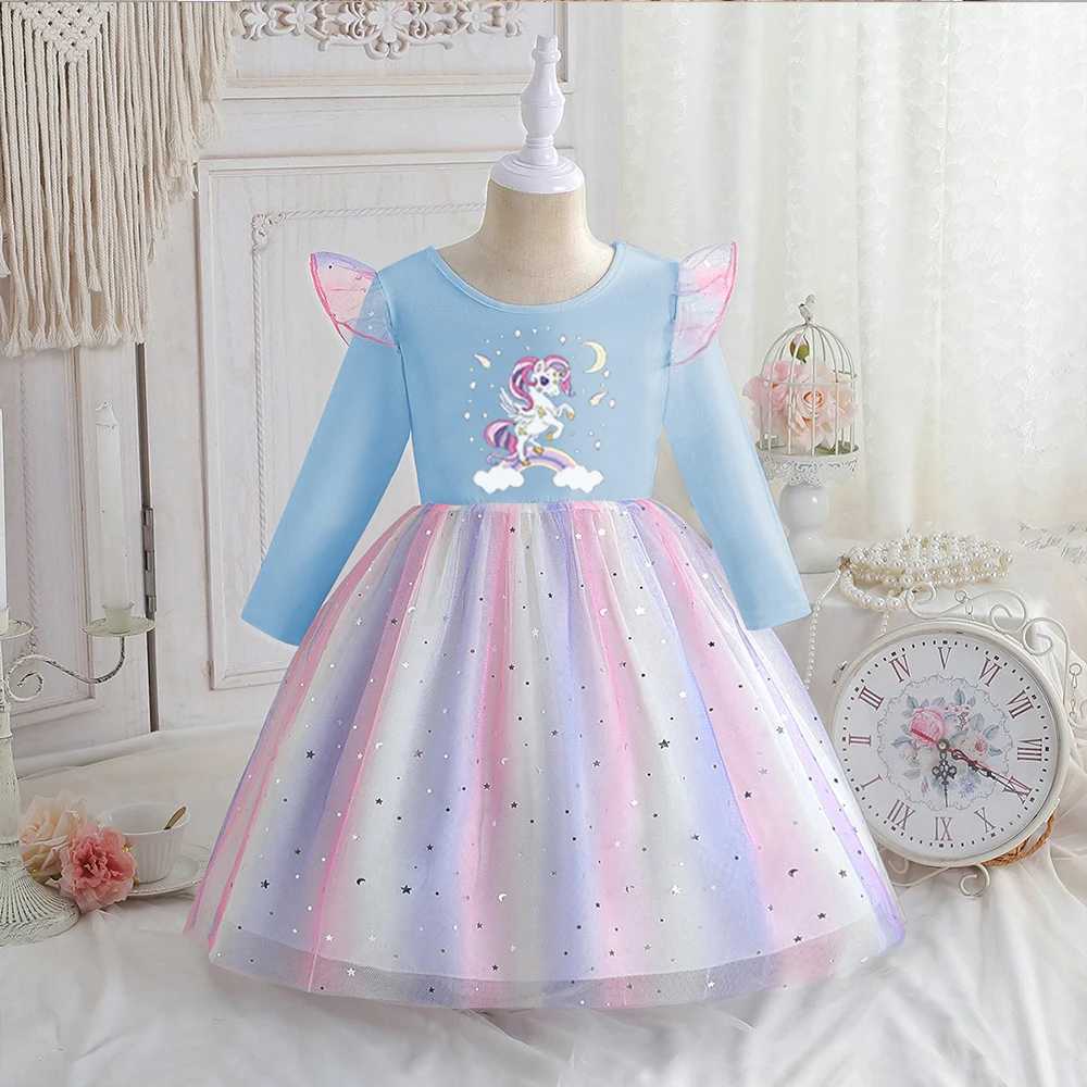 New Rainbow Unicorn Princess Dress Baby Girls Dress Spring Autumn Long-sleeved For Children Kids Clothing Birthday Party Dress W250811