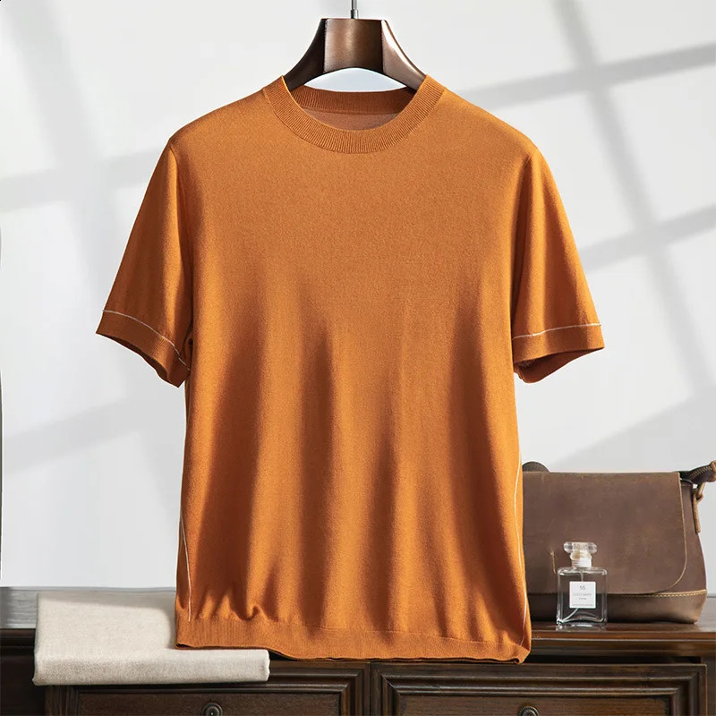 Naizaiga 70% mulberry silk 20% mercerized wool 10% cashmere O-neck short sleeve orange black acpricot Men sweater pullovers HR3 250806