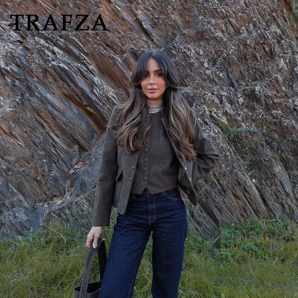 TRAFZA Spring Summer Vintage Houndstooth Women Jackets Fashion Streetwear Single Breasted O Neck Pockets Ladies Jackets 250804