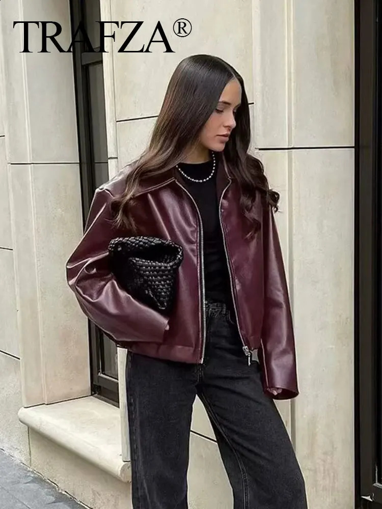 TRAFZA Wine Red Faux Leather Jakcet Fashion Outerwear Thicken Zipper Lapel Pu Coats Autumn Winter Streetwear Ladies Tops Women 250805
