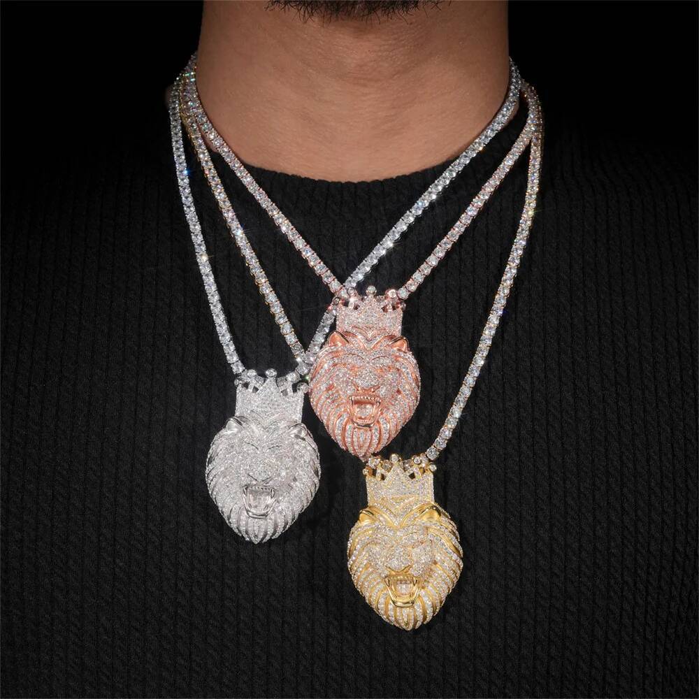 Moissminer VVS Moissanite Crown Lion Pendant Necklaces For Men Women Pass Tester S925 Silver Chain Hip Hop Jewelry GRA Free Ship