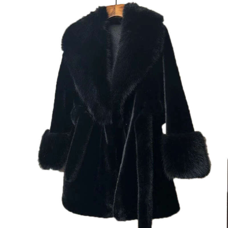 New large collar long sleeved environmentally friendly European mink imitation fox fur plush coat with tied waist