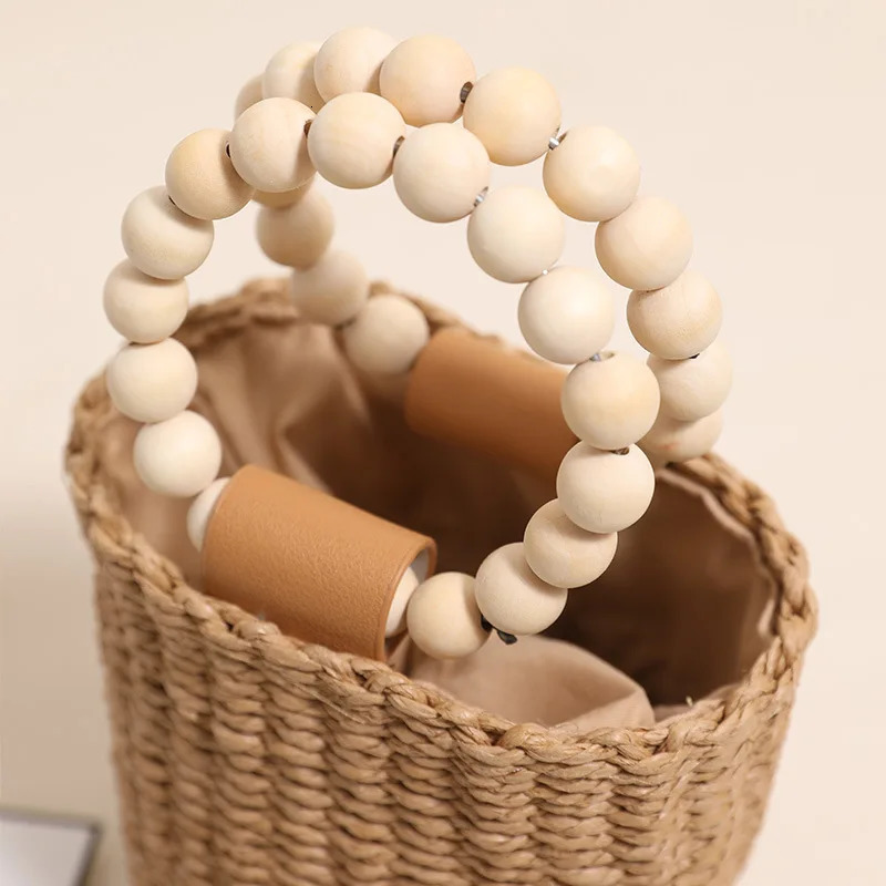 Fashion Wooden Beading Women Handbags Paper Woven Hand Bags Casual Summer Beach Bucket Bag Bali Small Tote Female Purses 250811