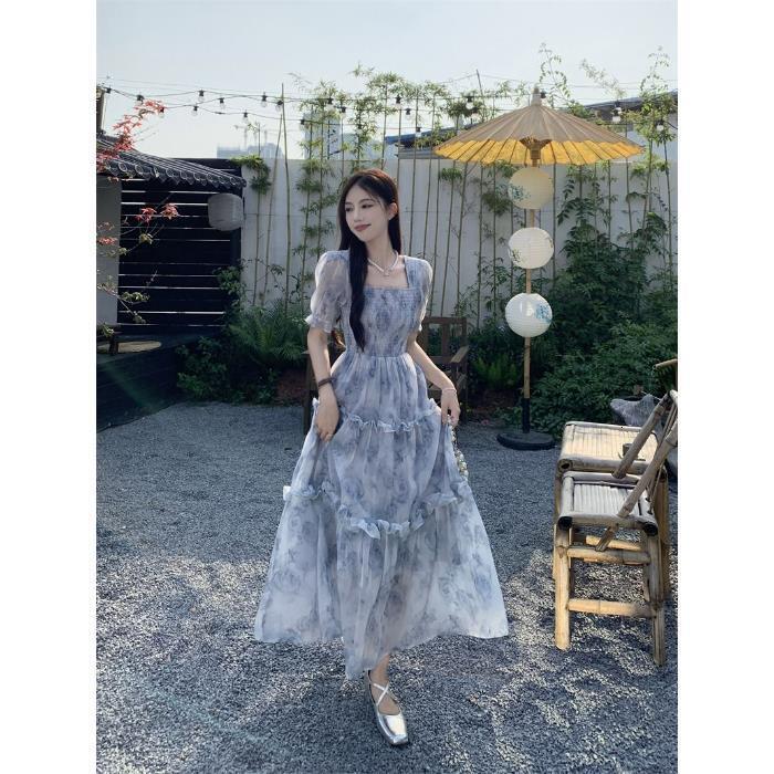 2025 Summer New Women's Retro Square Neck Women's trend Flower Dress Summer New Super Fairy Mori Style Slimming Ruffle Long Dress New Design