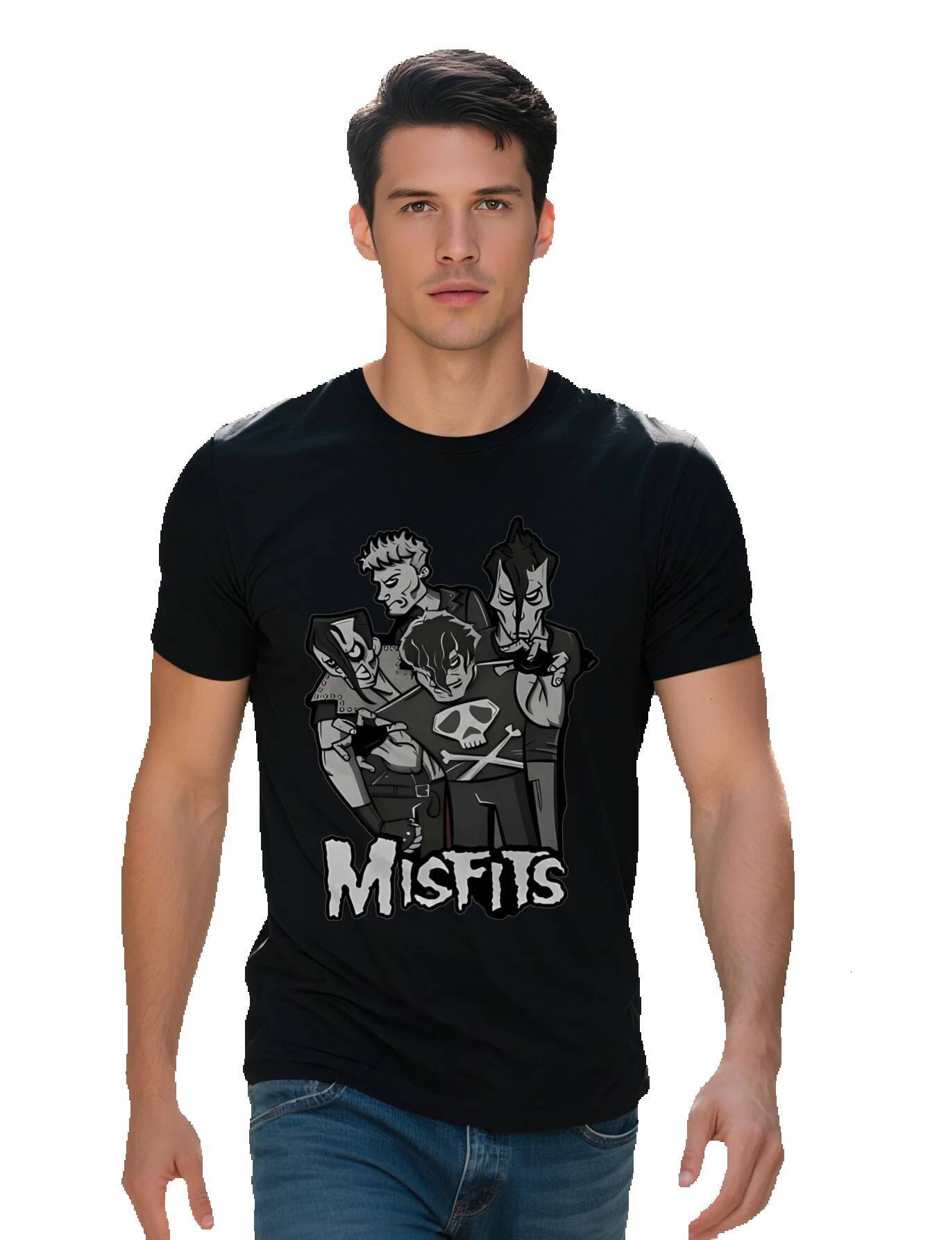 Men s Misfits Graphic T Shirt Black Crew Neck Tee with Cartoon Character Design Summer Essential for Casual Attire 76414
