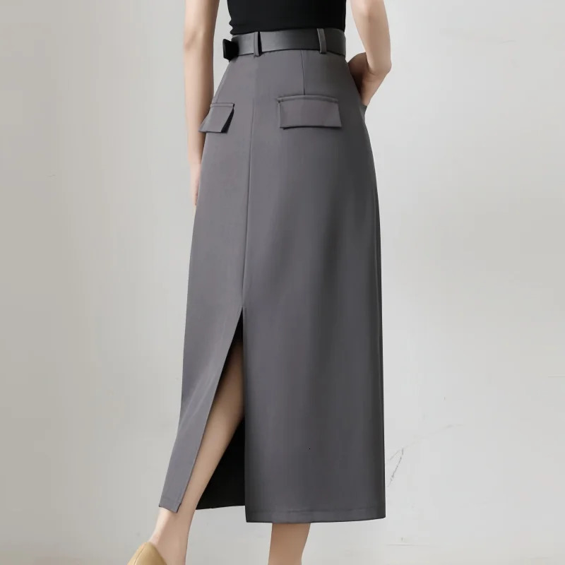 Spring Summer Vintage Grey Back Split Womens Wrap Skirts High Waist Office Lady Sheath Pencil Long for 250811