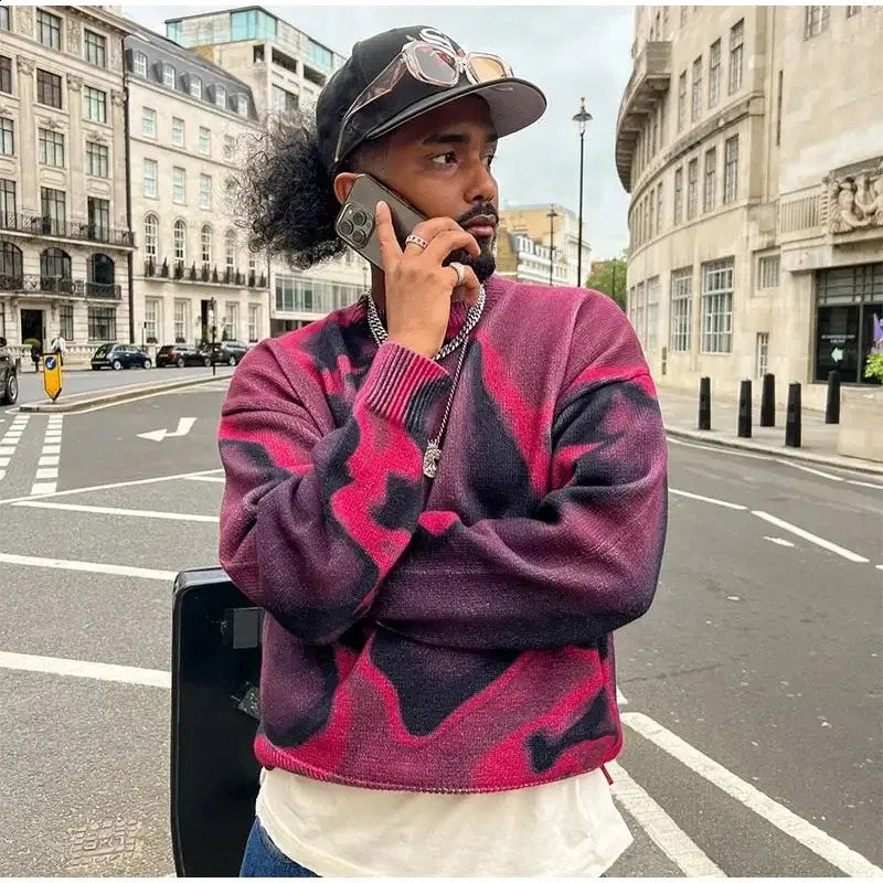 Male Harajuku Knitwear Street Y2k Tie Dye O Neck Knitted Pullover Mens Trendy Contrast Long Sleeve Sweater Jumper Unisex 250805