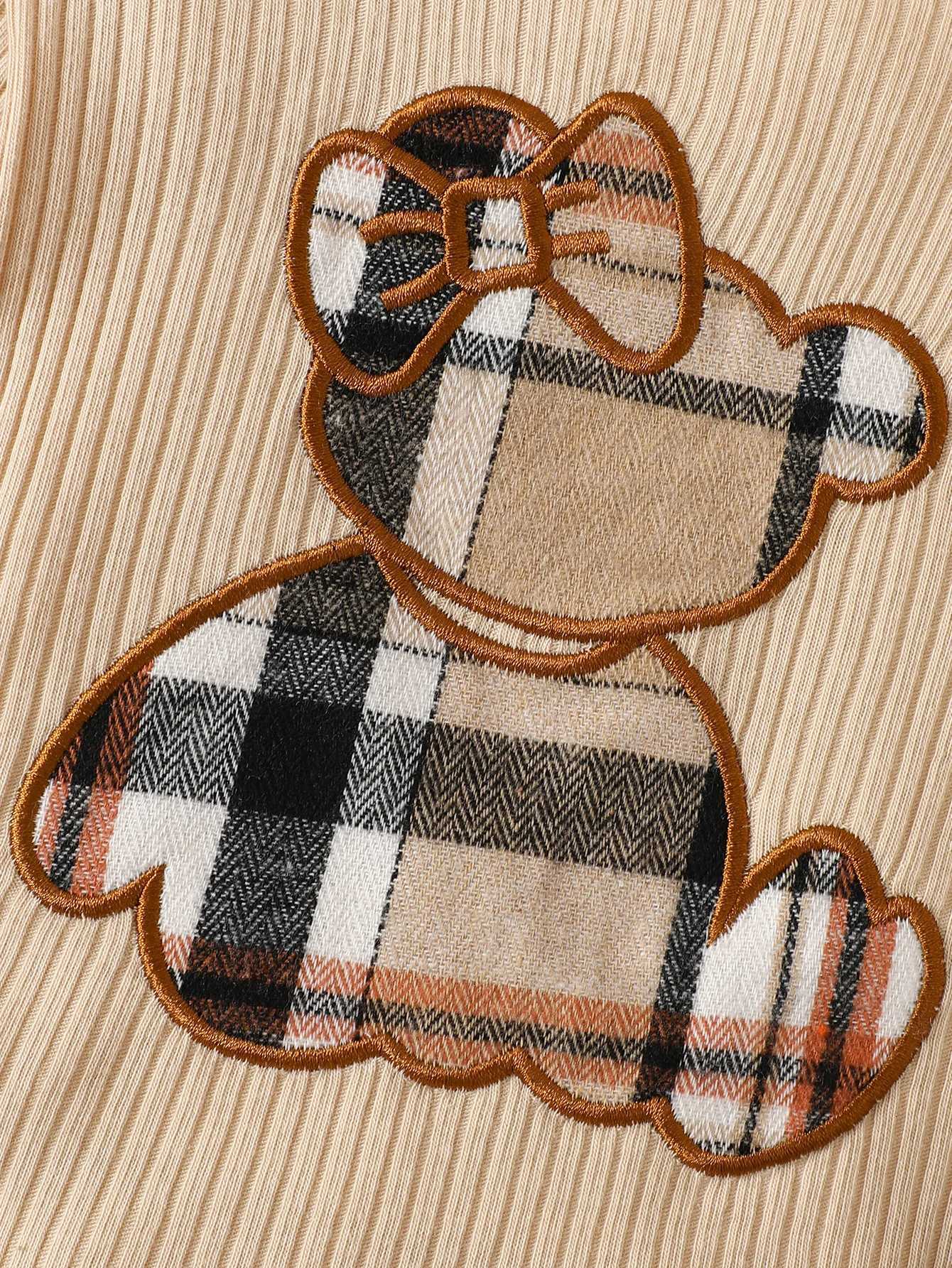 Baby Girl and Child Spring and Autumn Apricot Round Neck Bear Long Sleeve Jumpsuit and Bow Plaid Pants with Headband Set Z250811