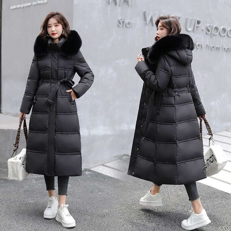 Winter new large fur collar, medium length waist belt, slim fit down cotton women's jacket