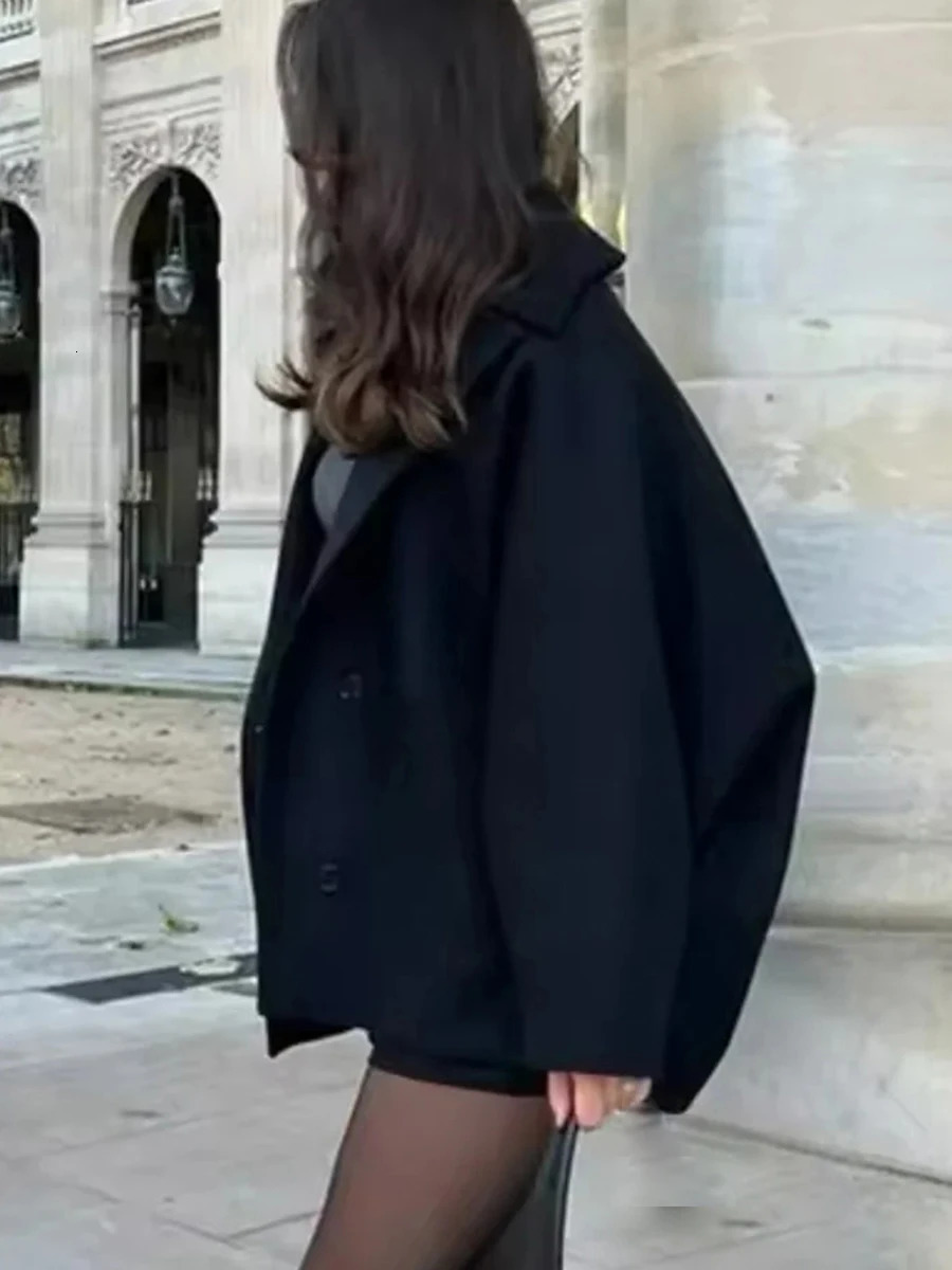 GuliriFei Womens Fall Loose Wool Coat Solid Color Long Bat Sleeve Lapel Button Down Warm Jacket Outwear 250809