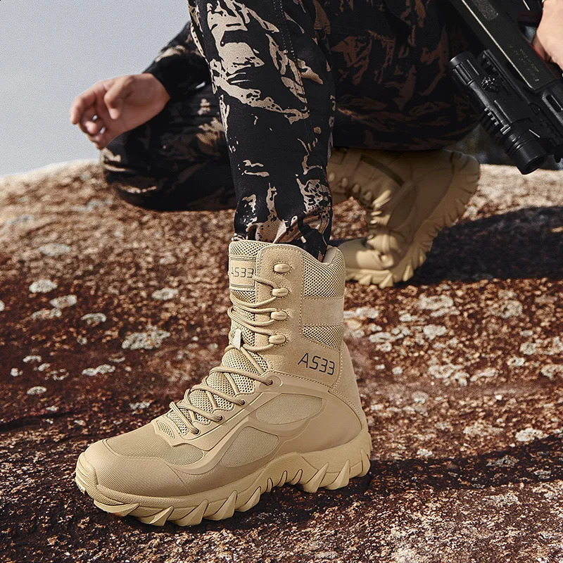 High Quality Mens High-Top Leather Boots Breathable Desert Combat Mens Boots Outdoor Shoes Non-slip Hiking Ankle Boots 250805
