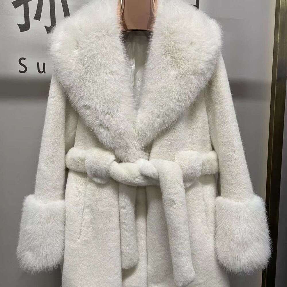 New large collar long sleeved environmentally friendly European mink imitation fox fur plush coat with tied waist