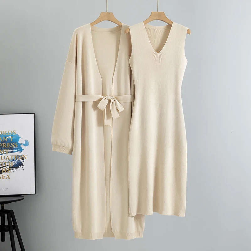 Knitted 2 Piece Sets Women Fashion Cardigan Long Dress Matching Set Casual Autumn Winter Clothing Womens Outfits Suit 250811