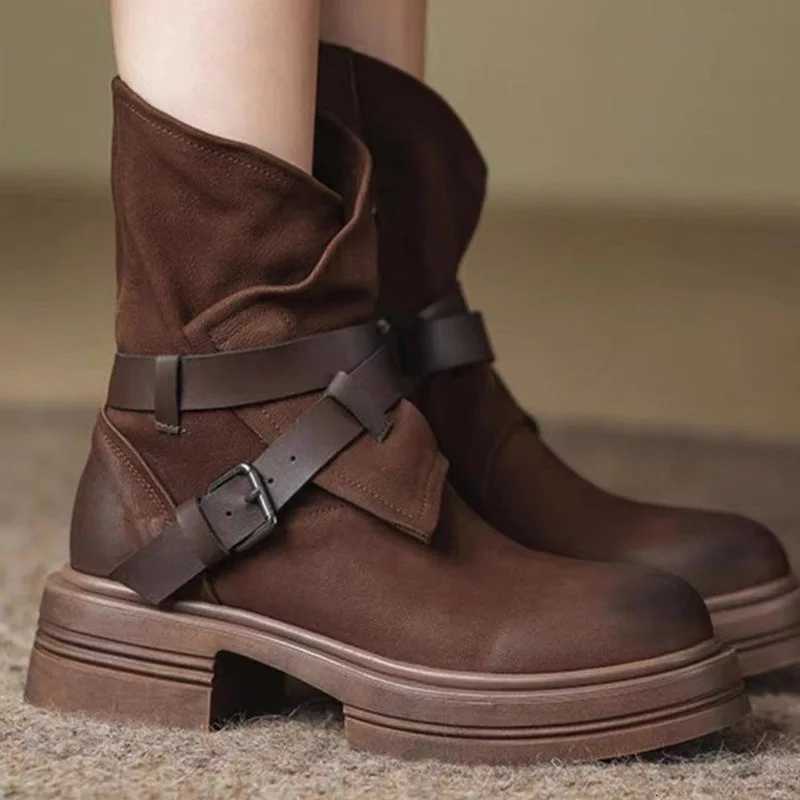 2025 Autumn Winter Retro Belt Buckle Nubuck Leather Martin Boots for Women Thick Heels Shoes Woman Frosted Western Cowboy Short Boots W250811