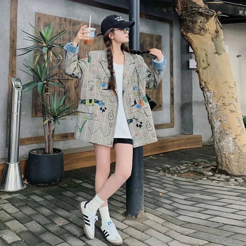 Womens Blazer Jacket Spring Autumn Fashion Graffiti Printed Ladies Lattice Suit Coat Casual Korean Version Lady Outerwear 250811