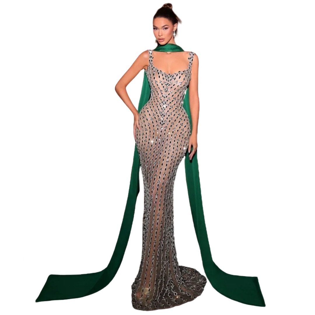 Sexy Spaghetti Straps Mermaid Evening Gown Fashion Sleeveless Beaded Lace Prom Dress Illusion Floor Length Party Gown Customized