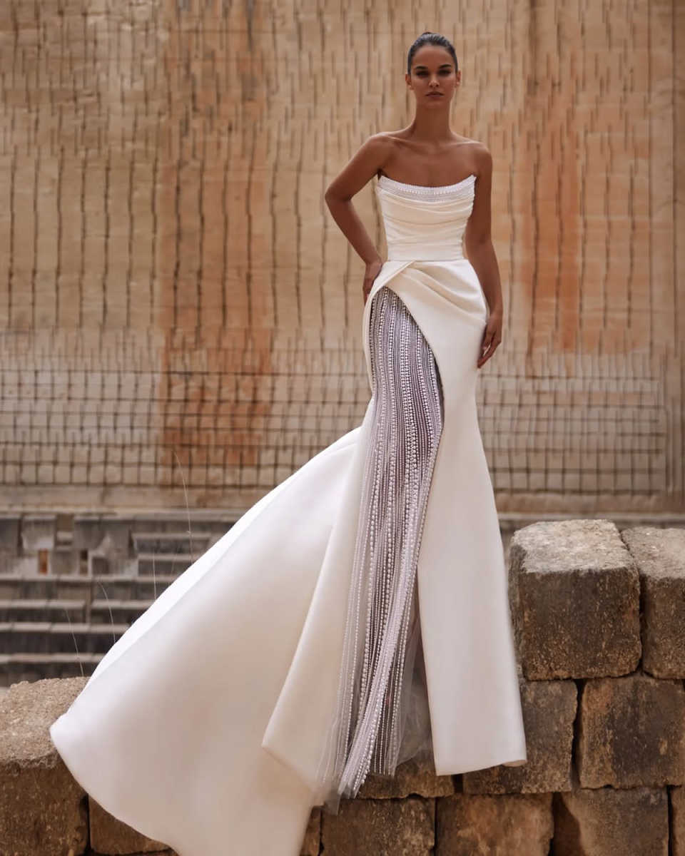 Unique Prom Dresses Pearls One Shoulder Bridal Gowns Mermaid Sleeveless Evening Dresses Customized Princess Bride Dress Vestidos De Novia H25790