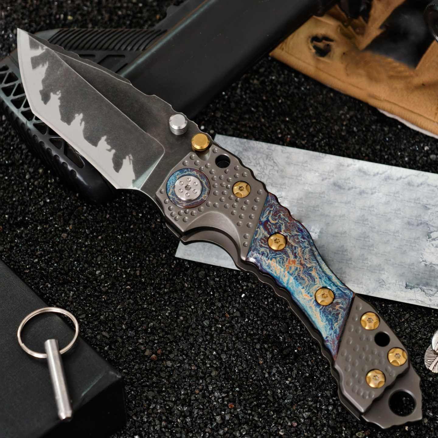 Miller New Design MBB T1 Strong Tactical Folding Knife Z-wear Titanium Coating Stone Wash Tanto Blade CNC Steel with TC4 Titanium Alloy Handle Survival Knives