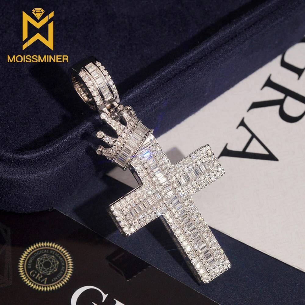 Moissminer VVS Moissanite Crown Cross Pendant Necklaces For Men Women Pass Tester S925 Silver Chain Hip Hop Jewelry With GRA