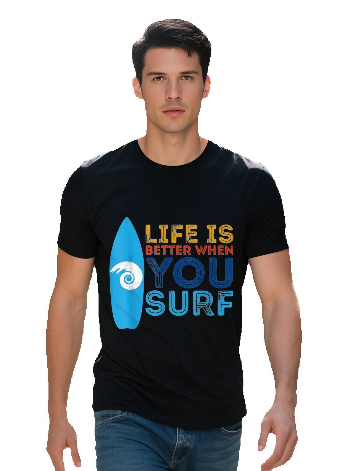 Men s Cotton Graphic T Shirt Life is Better When You Surf Funny Design Black with Colorful Surfboard Print 75474