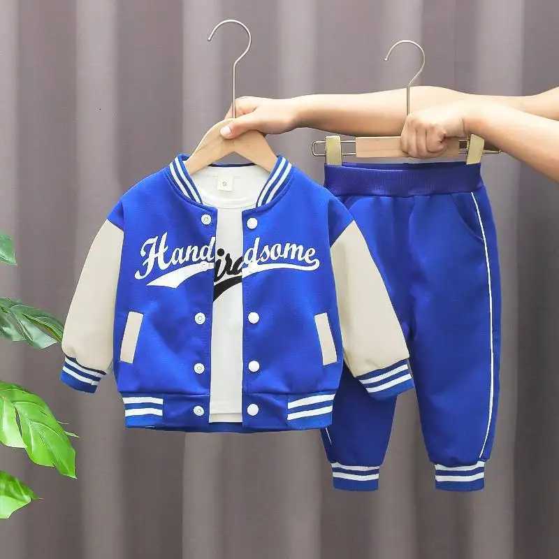 Boys Autumn Letter Baseball Single-Breasted Jacket + Round Neck Printed Cotton Long Sleeve + Striped Sweatpants 3-Piece Set Z250811