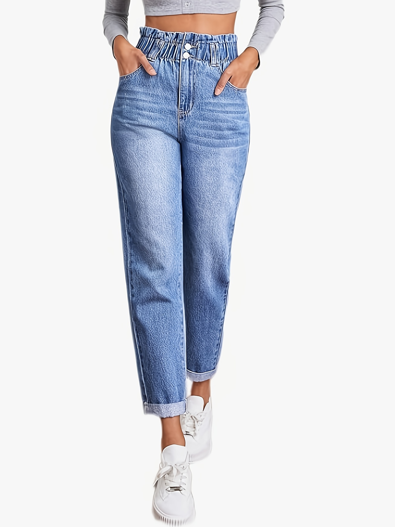 Women's Stretch Jeans - Fashion Elastic Waistband Lotus Leaf Design & Rolled Cuffs