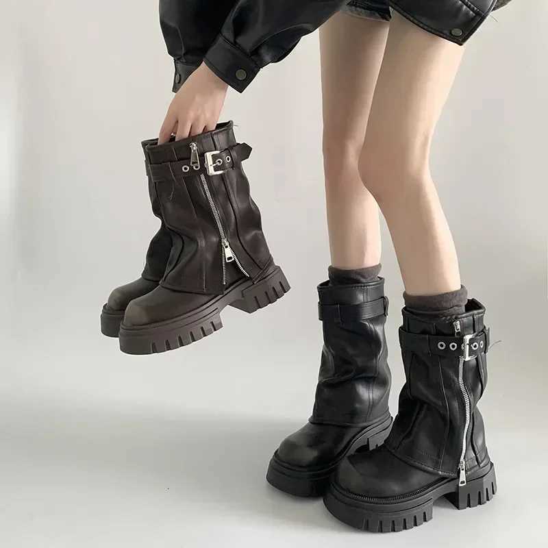 2024 Winter Women Biker Boots Fashion Belt Buckle Elegant Ladies Platform Long Pipe Booties Casual Womens Knee High Booties W250811