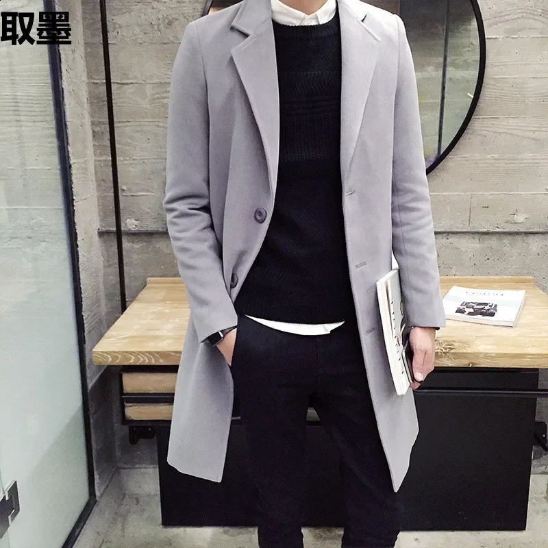 2024 Spring Autumn MediumLength Woolen Overcoat For Men Korean Trendy Lightweight Trench Jacket Casual Scene 250729