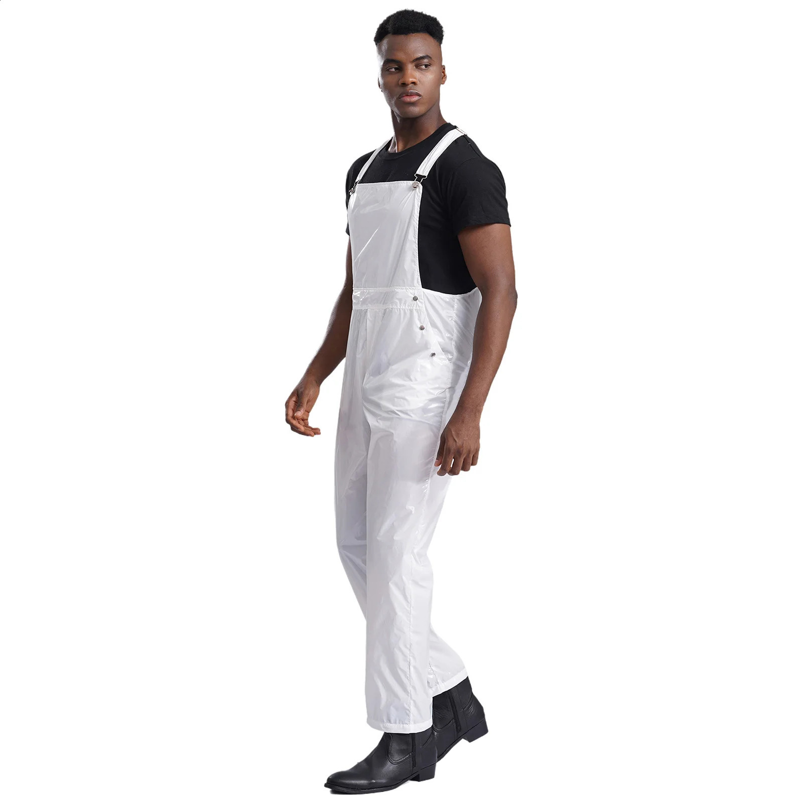 Mens Glossy Bib Overall Adjustable Wide Straps Dungarees Streetwear Daily Casual Suspender Trousers Jumpsuit with Pockets 250729