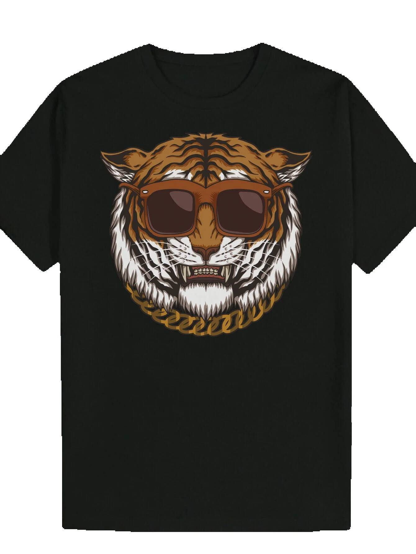 Men's Summer Tiger Pattern - Black Round Neck Polyester T-Shirt with Cool Fashion Glasses Design, Machine Washable, Lightweight and Breathable, S