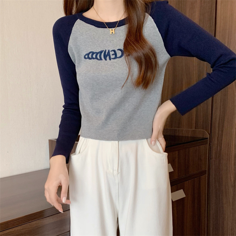 New Spring and Autumn Hot Girl Short Top Color-Block Round Neck Versatile Ribbed Base Shirt Inner Embroidered Long Sleeve T-Shirt for Women