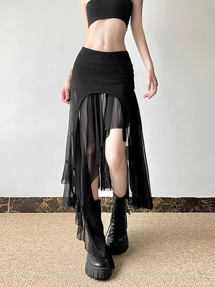 Zoki Sexy Irregular Y2K Skirts Women Vintage American High Waist Slim Slit Long Skirt Casual Lady Streetwear Retro Summer Skirts 250811