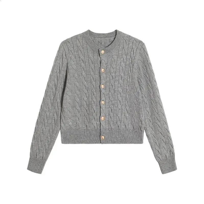 Vintage Long Sleeve Cardigan Women Sweater O-neck Elegant Knitted Top Fashion Autumn Grey Knitwear 250804