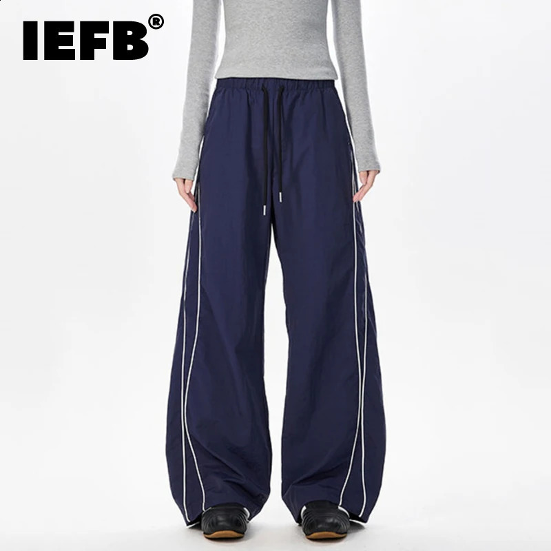 IEFB Korean Style Mens Casual Pants Soldi Color Line Contrast Color Elastic Waist Male Drawstrinf Bottom Simple 9W4124 250805