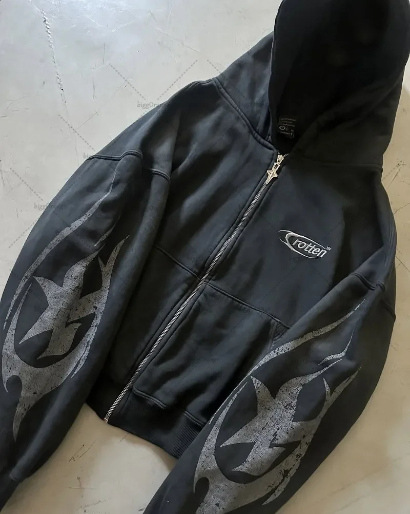2025 Harajuku High Street Trendy Printed Zipper Hoodie Men Y2K American Clothing Fashionable Super Sweatshirt 250808