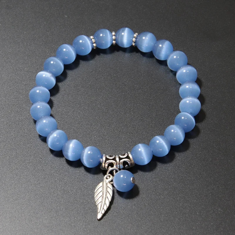 Genuine Cat Eyes Stone Bracelet For Women Natural Moonstone Braslet Leaf Pendant Braclet Pink Opal Brazalete Girlfriend Gift 250805