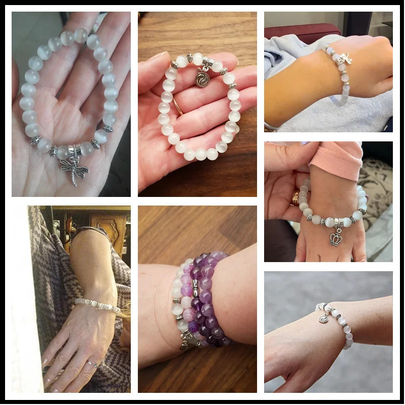 8mm white Cat Eye stone Beads Bracelet with Lucky dragonfly Dog claw butterfly Pendant Charms Strand Bracelets For Women female 250805