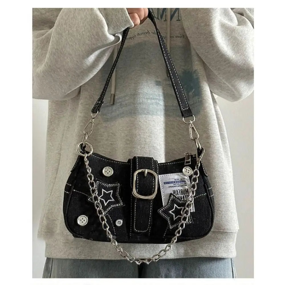 Fashion Womens Handbags Denim Stars Pattern Cool Girls Y2K Underarm Bag Canvas Female Small Shoulder Bags Chain Tote 250811